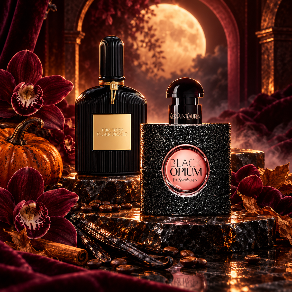 Perfumy Black Orchid i Black Opium w halloweenowej aranżacji z dynią, bordowymi orchideami, kawą i wanilią