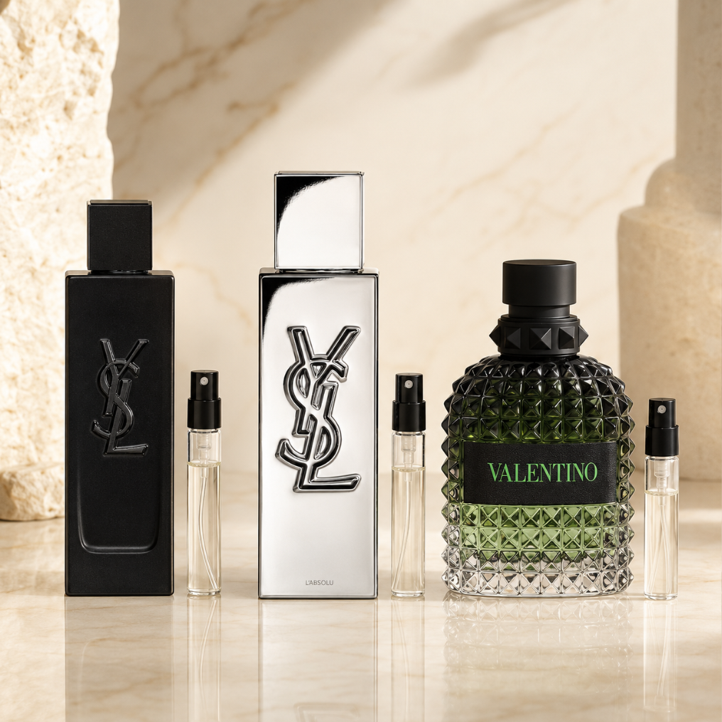 Modern Signature Set z perfumami Yves Saint Laurent MYSLF, Yves Saint Laurent MYSLF L’Absolu i Valentino Uomo Born in Roma Green Stravaganza oraz szklanymi atomizerami na odlewki perfum.