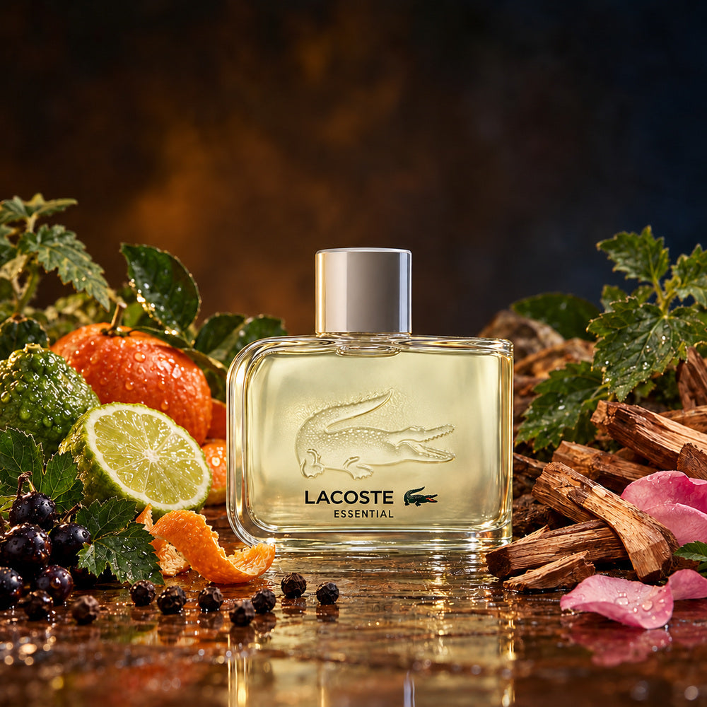 Lacoste – Essential Eau de Toilette – odlewka perfum – flakon w aranżacji z nutami zapachowymi