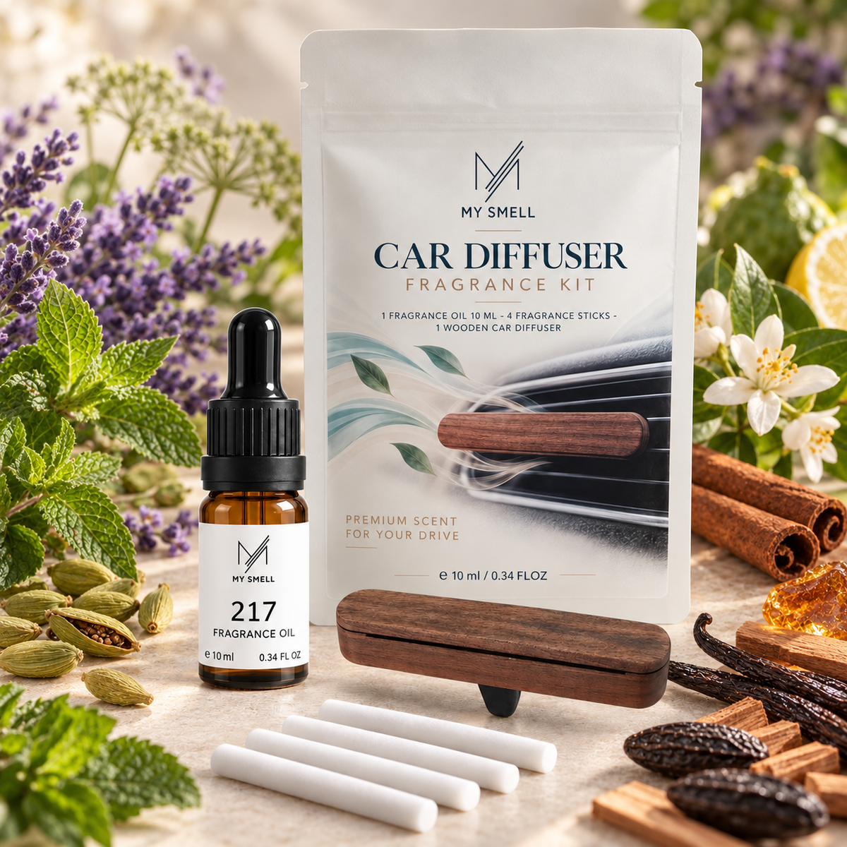 MY SMELL 217 – zestaw zapachowy do samochodu: olejek 10 ml, drewniany dyfuzor i cztery wkłady bawełniane, otoczenie nawiązujące do nut głowy, serca i bazy