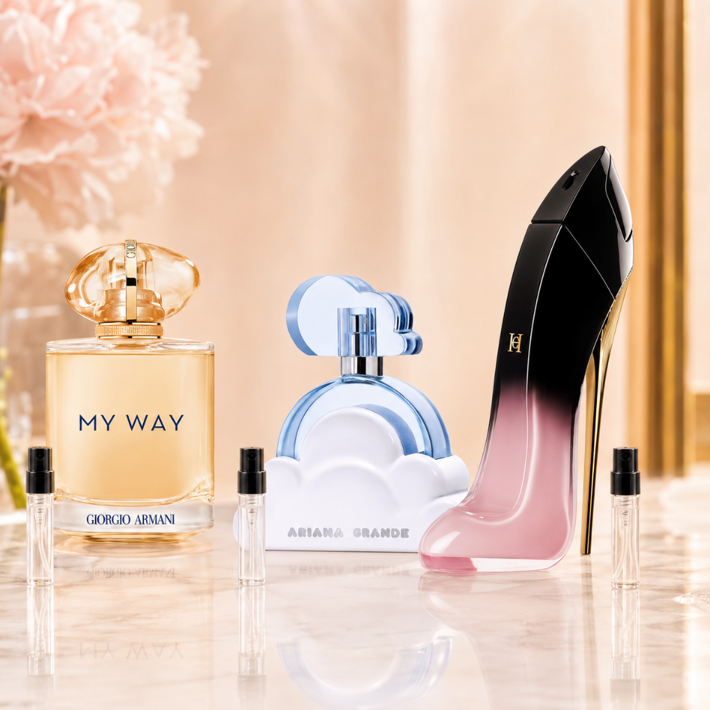 Vanilla Dream Set z perfumami Armani My Way Sunny Vanilla, Ariana Grande Cloud i Carolina Herrera Good Girl Blush Elixir oraz szklanymi atomizerami na odlewki perfum.