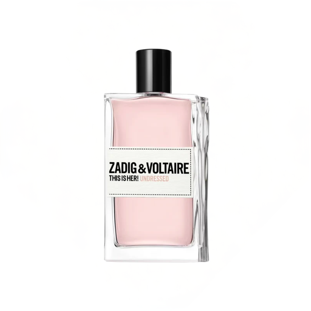 Flakon perfum Zadig & Voltaire This Is Her! Undressed Eau de Parfum dla kobiet z nutami kwiatu pomarańczy, ylang-ylang, skóry, soli, piżma i drzewa sandałowego.