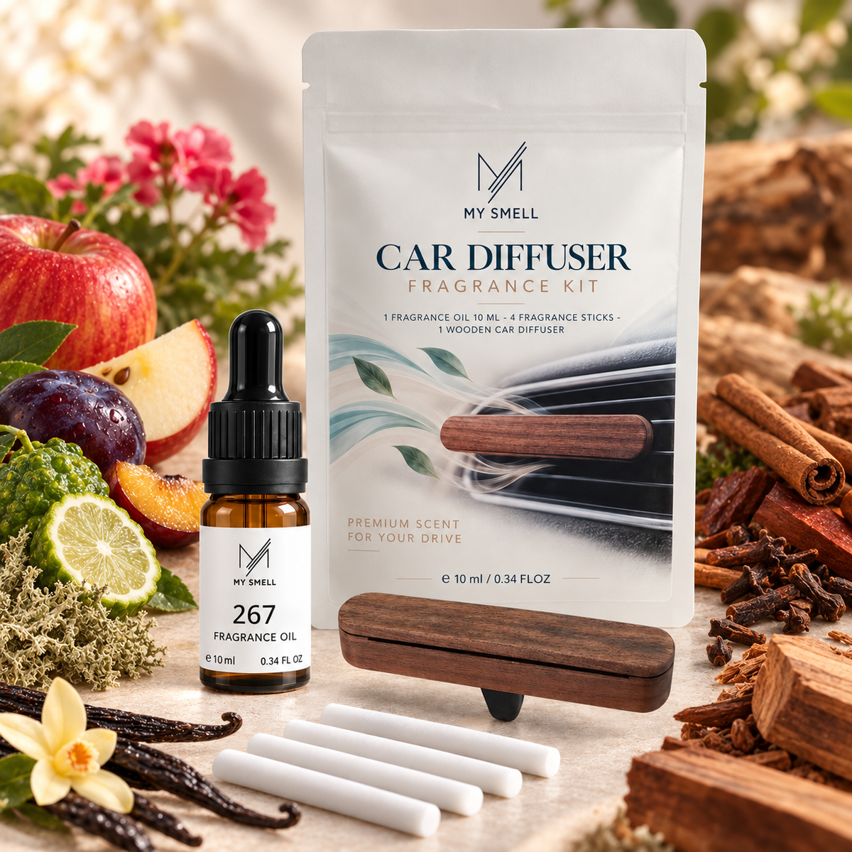 MY SMELL 267 – zestaw zapachowy do samochodu: olejek 10 ml, drewniany dyfuzor i cztery wkłady bawełniane, otoczenie nawiązujące do nut głowy, serca i bazy